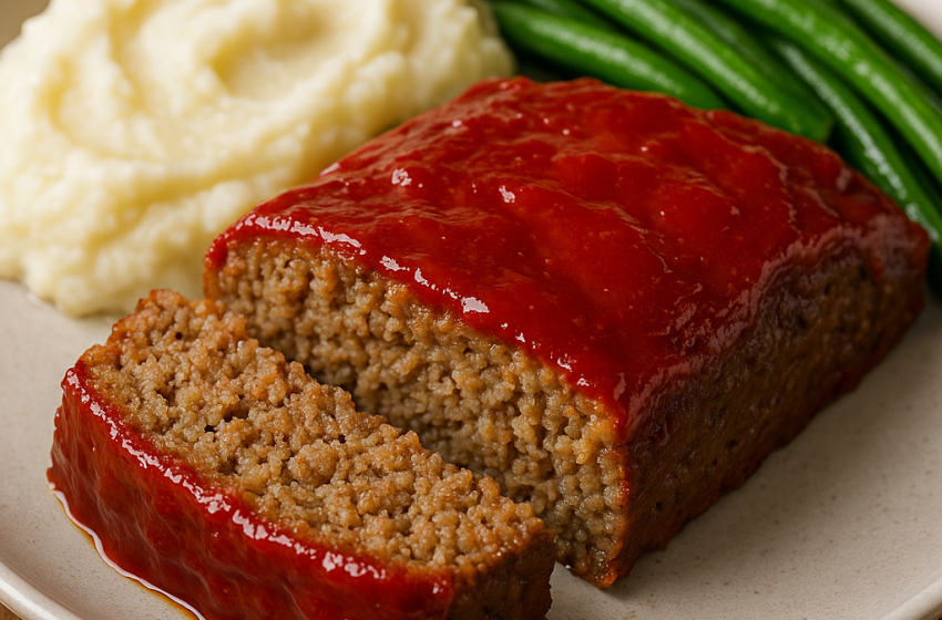 Sliced classic meatloaf on a white plate topped with glossy ketchup glaze, served with mashed potatoes and green beans
