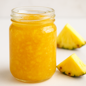 Close-up of a glass jar filled with golden homemade pineapple jam, surrounded by fresh pineapple wedges on a white surface