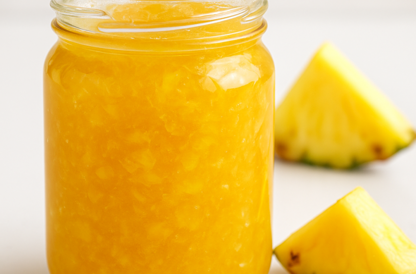 Close-up of a glass jar filled with golden homemade pineapple jam, surrounded by fresh pineapple wedges on a white surface