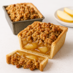 Close-up of sliced apple crisp loaf pie in a mini loaf pan with flaky crust, gooey apple filling, and golden oat topping