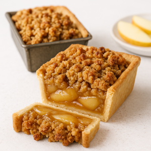 Close-up of sliced apple crisp loaf pie in a mini loaf pan with flaky crust, gooey apple filling, and golden oat topping