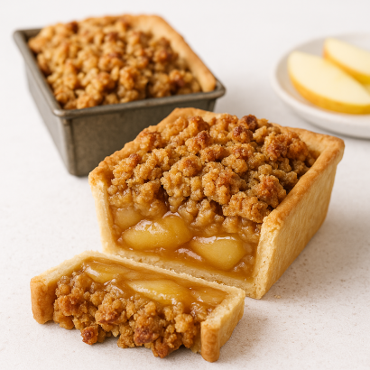 Close-up of sliced apple crisp loaf pie in a mini loaf pan with flaky crust, gooey apple filling, and golden oat topping