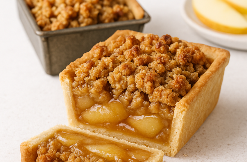 Close-up of sliced apple crisp loaf pie in a mini loaf pan with flaky crust, gooey apple filling, and golden oat topping