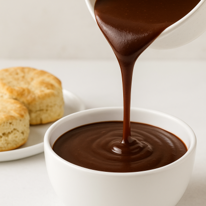 Rich chocolate gravy being poured into a white bowl, served with warm buttermilk biscuits on the side