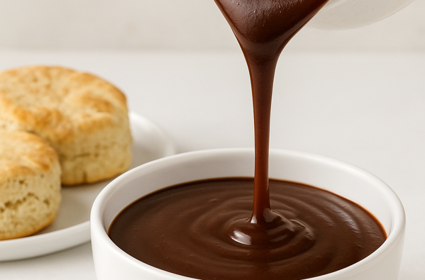 Rich chocolate gravy being poured into a white bowl, served with warm buttermilk biscuits on the side
