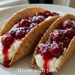Cherry Cheesecake Tacos on a white plate with crispy cinnamon-sugar taco shells filled with creamy cheesecake filling and topped with glossy cherry pie filling and whole cherries. Powdered sugar is lightly dusted over the dessert tacos, with cherry syrup dripping down the side. Soft natural window lighting and a clean background create a cozy homemade dessert look.