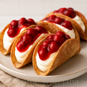 cherry cheesecake tacos on a plate.