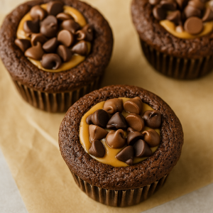 Freshly baked peanut butter cup brownie muffins with melted chocolate chips and creamy peanut butter centers, cooling in a muffin tin.