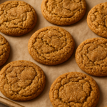 Freshly baked homemade molasses cookies with a crackled sugar top on a rustic baking sheet