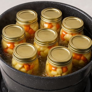 Glass Mason jars filled with chopped potatoes and carrots, prepared for water bath canning and arranged on a kitchen towel beside canning tools.