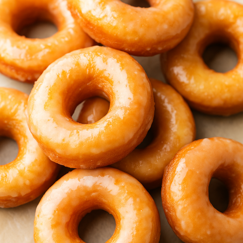 A close-up view of freshly fried homemade yeast donuts with a golden brown exterior, resting on a wire rack with a soft, fluffy interior visible.