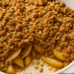 A high-resolution digital photograph showcases a fresh apple crisp in a white ceramic dish, featuring golden-brown oat topping over tender apple slices.