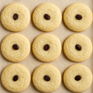 A high-resolution photograph showcases nine freshly baked sugar cookies, each with a single raisin centered on top, arranged neatly on a parchment-lined baking sheet.
