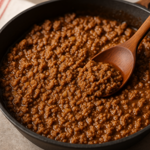 Close-up of Coney Island hot dog sauce simmering in a skillet with a wooden spoon