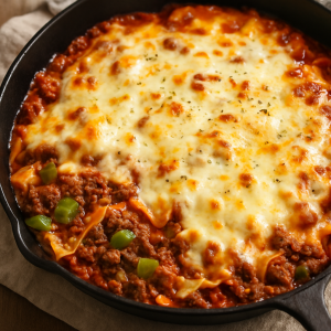 Skillet lasagna in a black cast iron pan with golden melted cheese, ground beef, and green bell peppers