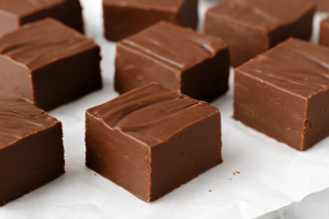 Freshly made chocolate fudge cut into squares and arranged on parchment paper