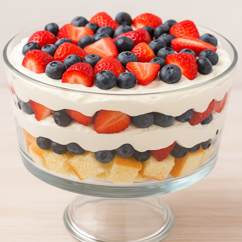 Layered berry trifle in a glass dish with whipped cream, strawberries, blueberries, and cubed pound cake on a light wooden surface