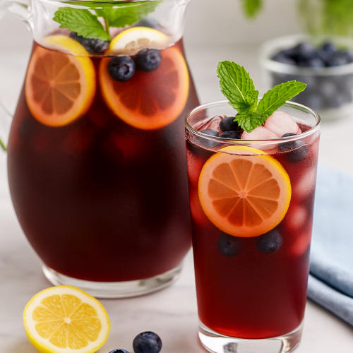 Glass pitcher and glass of blueberry iced tea with lemon slices, fresh blueberries, and mint on a marble surface