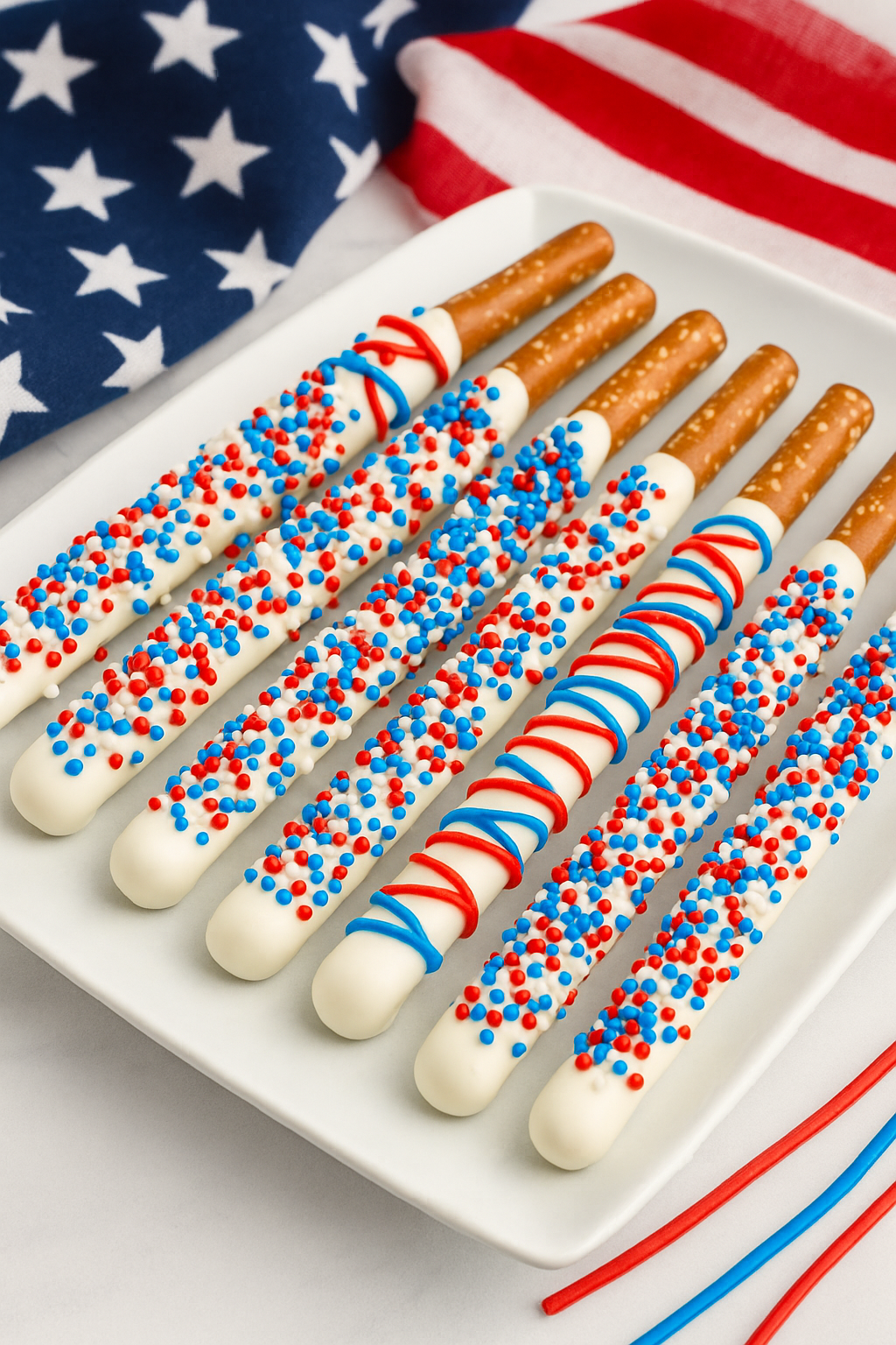 White chocolate dipped pretzel rods with red, white, and blue sprinkles