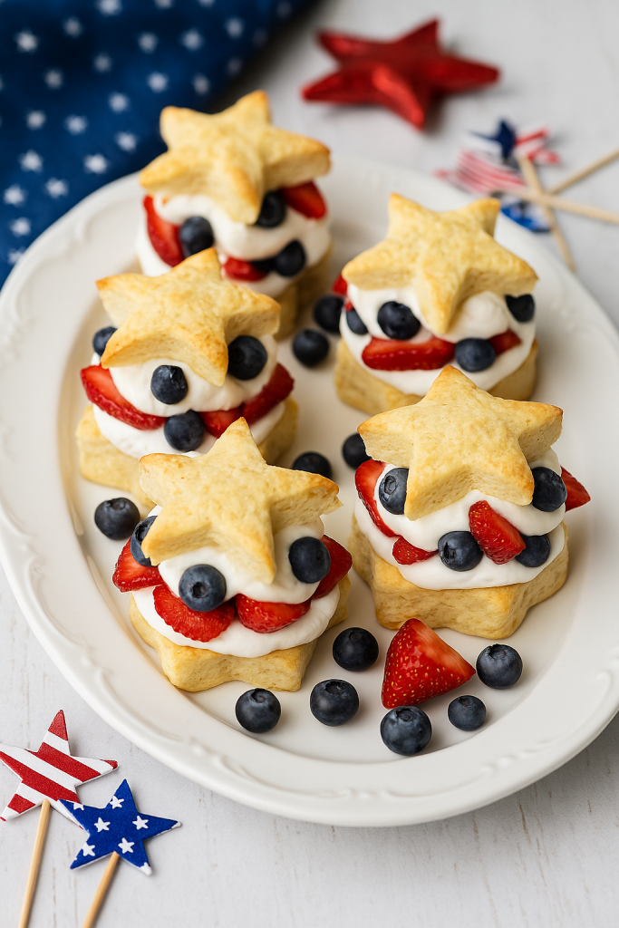 Star-shaped shortcakes layered with whipped cream, strawberries, and blueberries on a white serving tray with patriotic accents