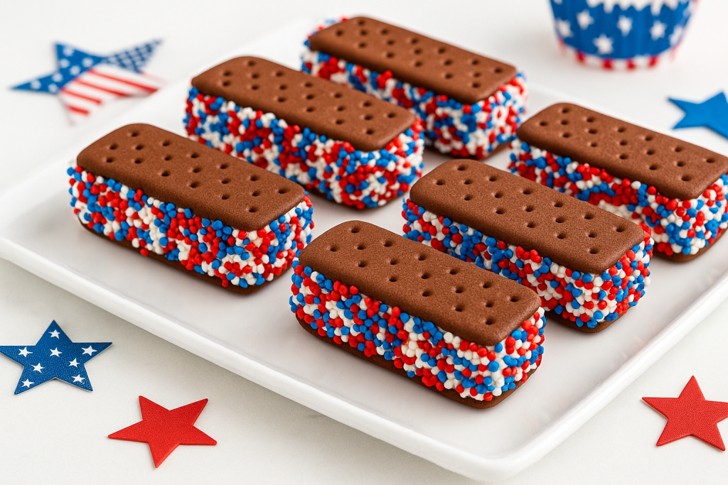 Six vanilla ice cream sandwiches rolled in red, white, and blue sprinkles, displayed on a festive white tray for Fourth of July