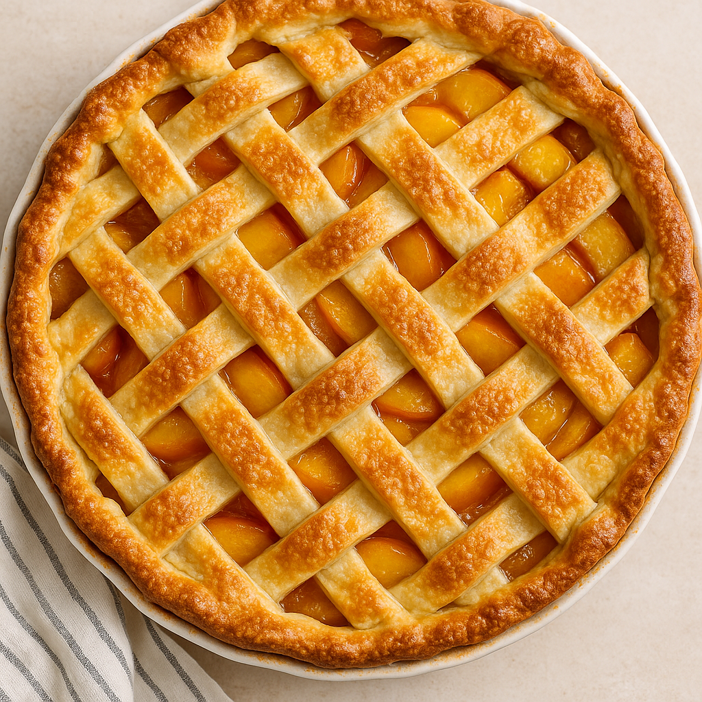 A freshly baked peach pie with a golden lattice crust sits on a rustic wooden table beside ripe peaches and a vintage pie server, bathed in warm natural light.