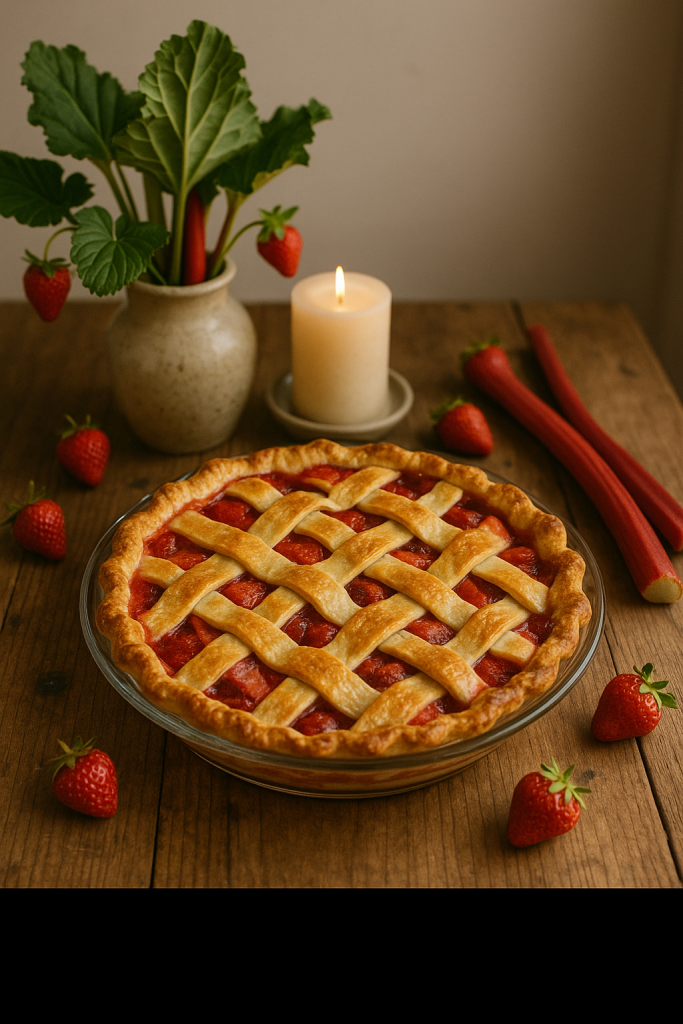 A freshly baked strawberry rhubarb pie with a golden, flaky lattice crust rests on a rustic wooden table beside fresh strawberries and rhubarb stalks, softly lit by natural daylight.