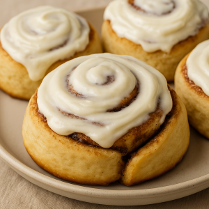 Homemade Cinnabon copycat cinnamon rolls topped with cream cheese frosting on a plate