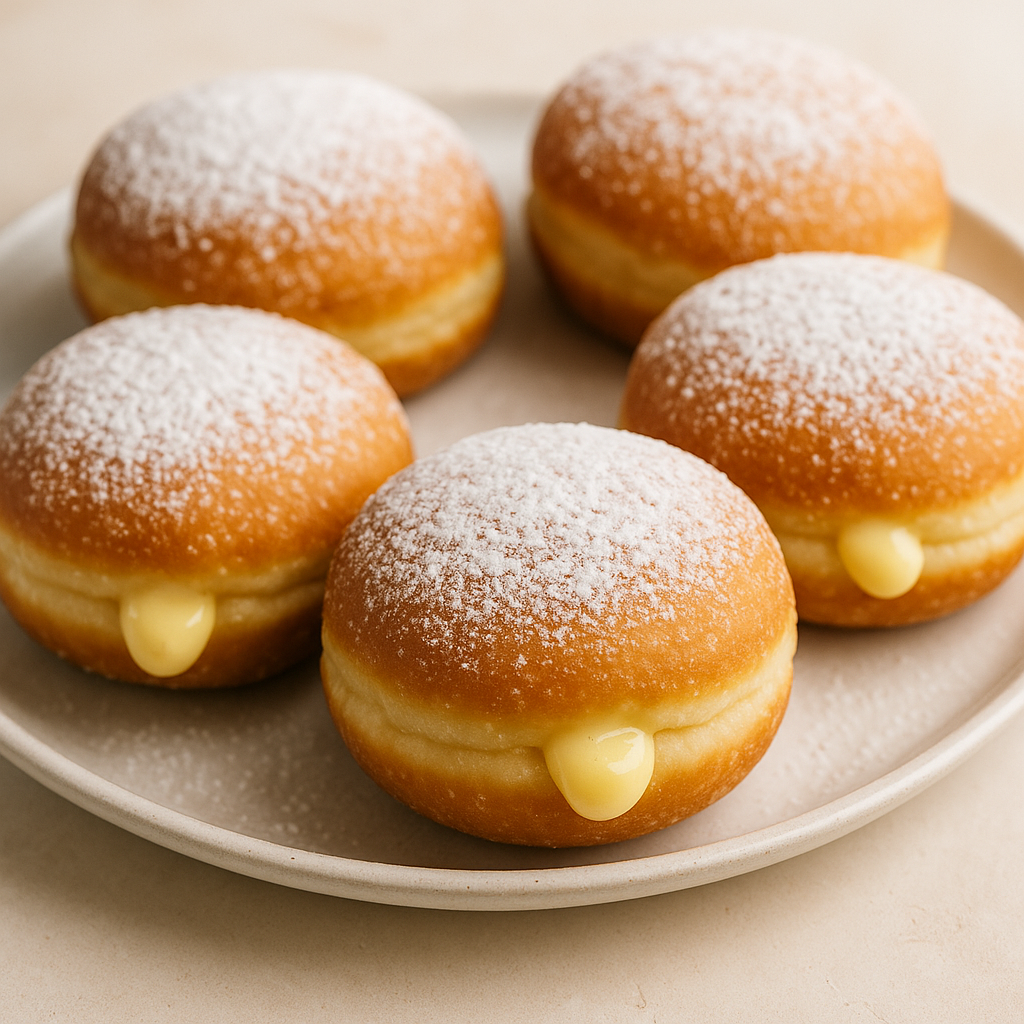 Custard-filled donuts dusted with powdered sugar on a white ceramic plate.