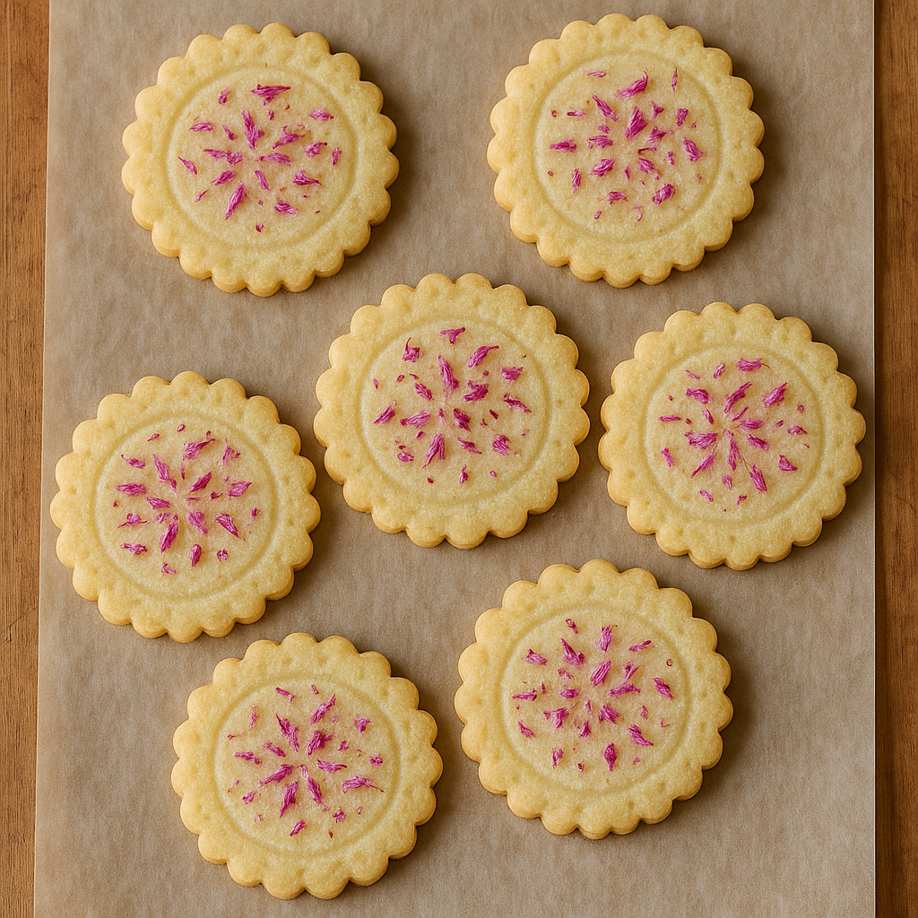 Bee Balm Shortbread Cookies on a bread board