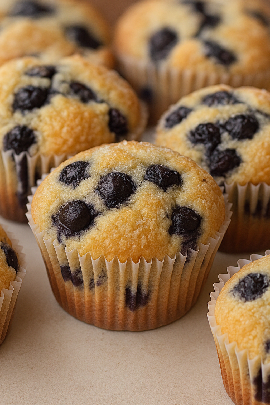 Close-up of golden-brown blueberry muffins with sugar-dusted tops and bursting blueberries, inspired by the original 1980s Jordan Marsh recipe