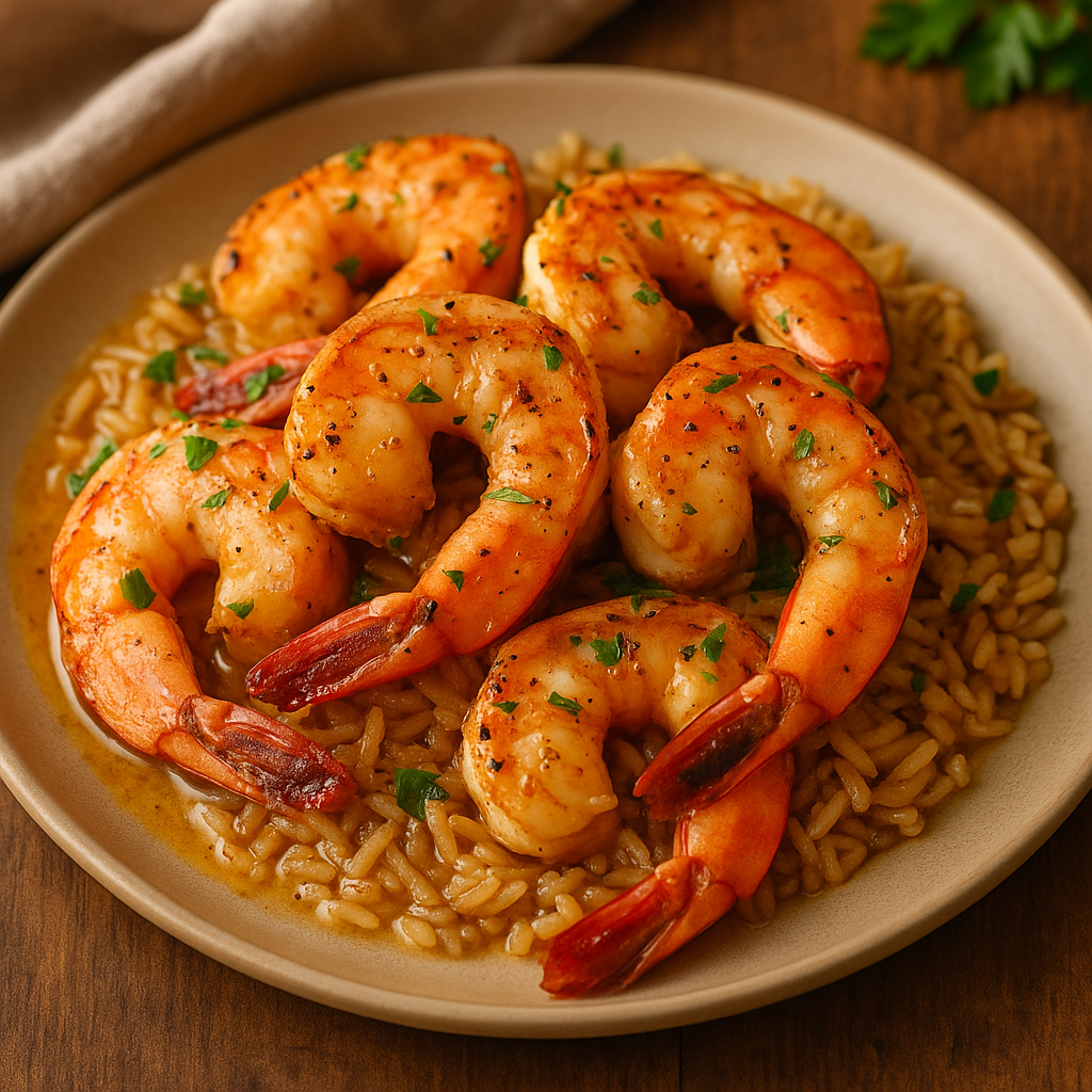 A plate of jumbo shrimp served over seasoned rice, garnished with fresh parsley and drizzled in garlic lemon butter sauce.