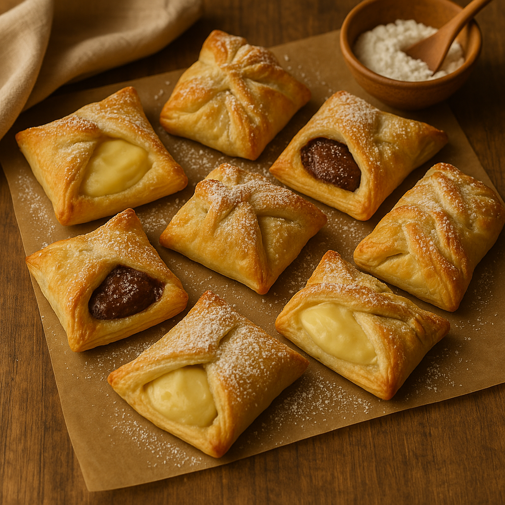 Golden-brown puff pastry squares filled with creamy pudding, dusted with powdered sugar, on a rustic wooden surface.
