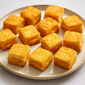 A photograph showcases fifteen golden-brown cheese dreams, neatly arranged on a white rectangular platter, each piece featuring toasted bread with melted cheese in the center.