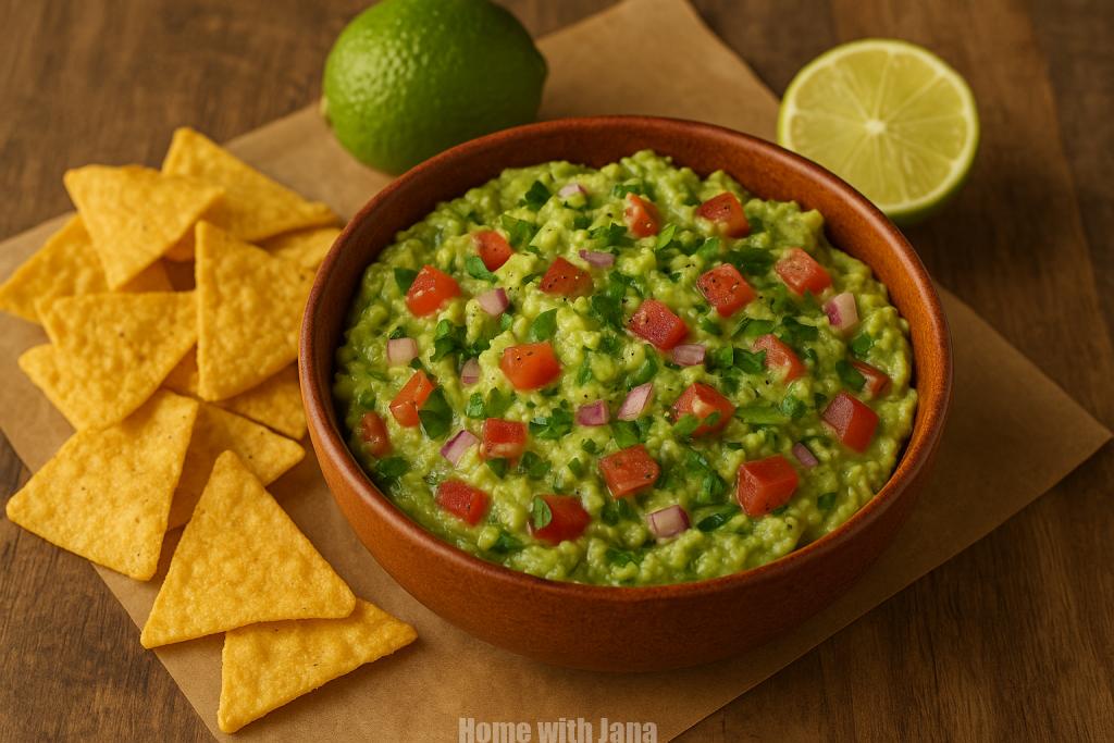A photograph showcases freshly made guacamole in a rustic ceramic bowl, garnished with diced tomatoes, chopped cilantro, and lime wedges, surrounded by tortilla chips.