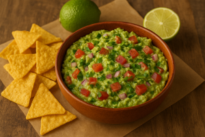 A photograph showcases freshly made guacamole in a rustic ceramic bowl, garnished with diced tomatoes, chopped cilantro, and lime wedges, surrounded by tortilla chips.