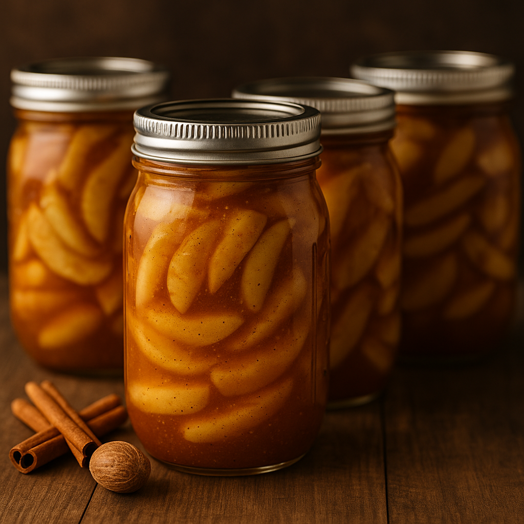 Four mason jars filled with sliced apples in spiced syrup, sealed with silver lids and set on a rustic wooden surface with cinnamon sticks and nutmeg