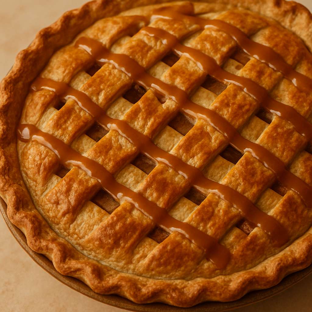 Golden caramel apple pie with a flaky lattice top crust, drizzled with rich caramel sauce and baked to a warm, golden brown