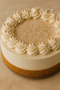 No-bake cheesecake with a thick graham cracker crust, creamy filling, and swirled spiced whipped cream topping dusted with cinnamon