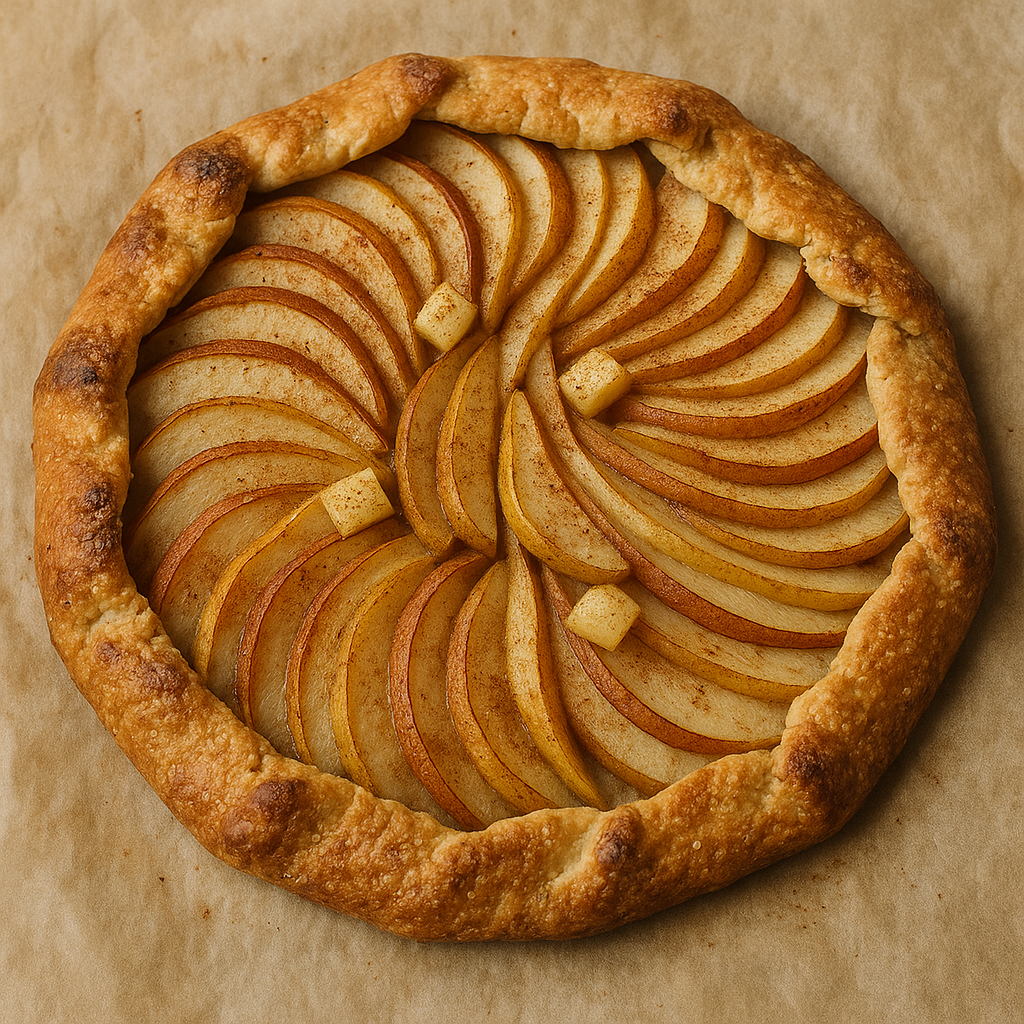 Golden-brown apple and pear galette with a flaky, folded crust and cinnamon-dusted fruit slices arranged in a spiral on parchment paper