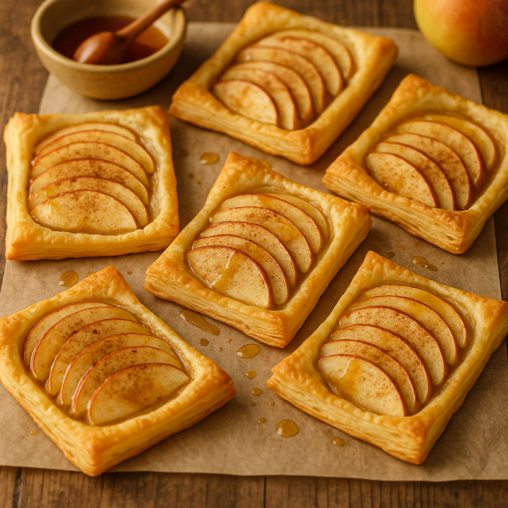 Six rectangular puff pastry apple tarts with thinly sliced apples, sprinkled with cinnamon and drizzled with honey, arranged on parchment paper