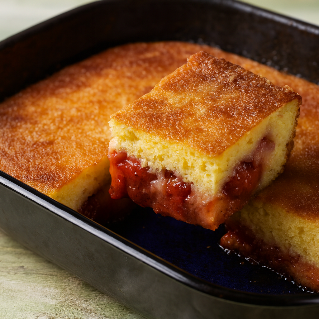 Golden strawberry cobbler with a sugar-crusted top, baked in a black dish with a slice showing layers of fluffy cake and gooey strawberry filling.