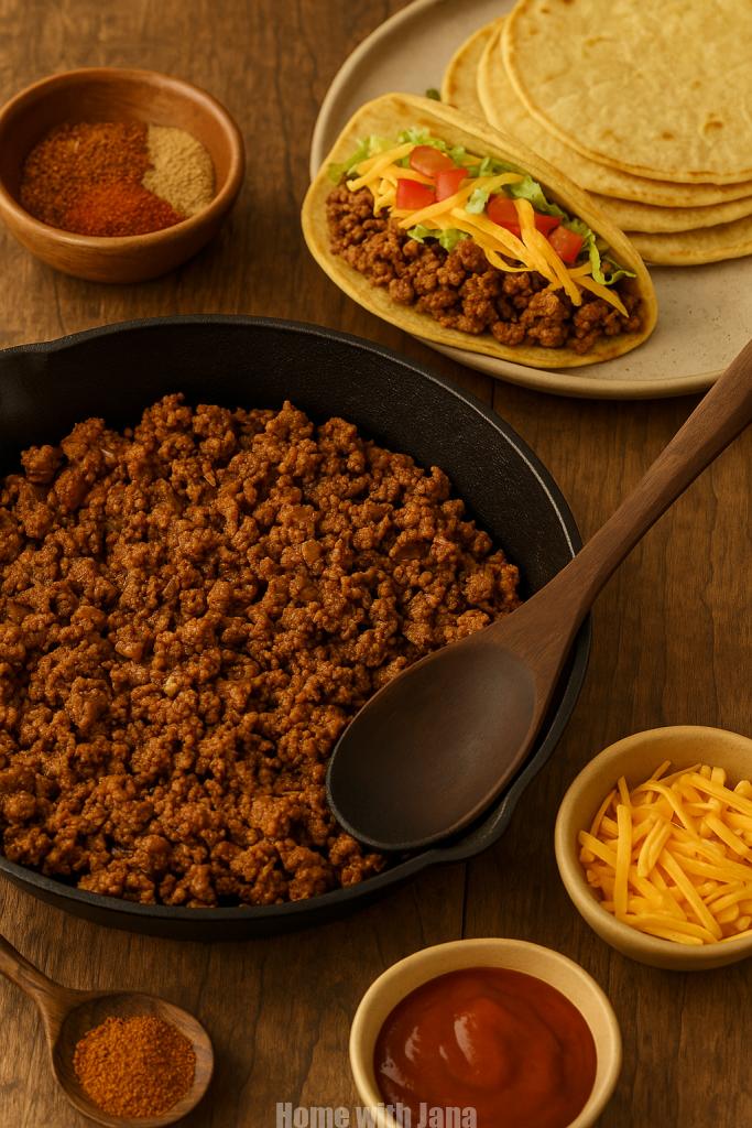 Cast iron skillet filled with seasoned ground beef surrounded by a soft taco, stacked corn tortillas, shredded cheese, taco seasoning, and sauce on a rustic wooden table