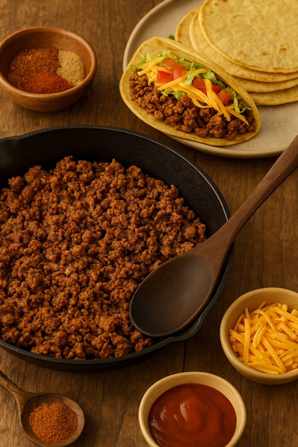 Cast iron skillet filled with seasoned ground beef surrounded by a soft taco, stacked corn tortillas, shredded cheese, taco seasoning, and sauce on a rustic wooden table