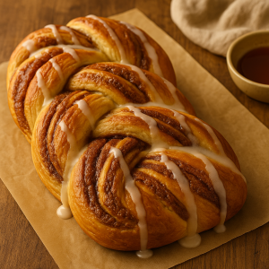 A freshly baked rustic braided loaf made from white bread dough, drizzled with homemade maple glaze and resting on parchment paper in a cozy farmhouse kitchen.