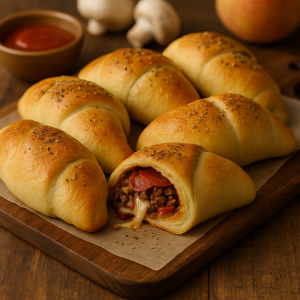 Freshly baked pizza crescent rolls on a wooden cutting board, topped with herbs, with one roll cut open to reveal ground beef, pepperoni, and melted cheese.