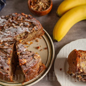 Banana Cake with Walnuts sitting on a platter