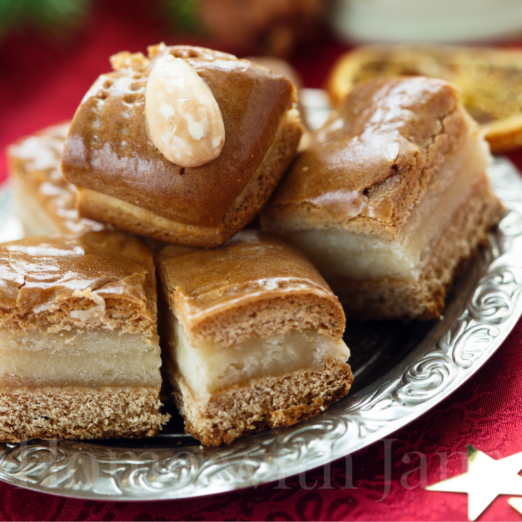 German Gingerbread Squares on holiday silver platter.