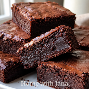 Classic fudgy brownie bars stacked on a white plate with one brownie lifted to show a dense, rich, dark chocolate center. The brownies have a thin crackly top crust with a glossy sheen and a moist, chewy texture. Soft warm natural window light and a simple blurred background create a cozy homemade dessert scene.