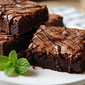 Fudgy chocolate drizzle brownies on a white plate with a dense, rich dark chocolate interior and crackly top crust. One brownie square is slightly lifted to show the moist chewy texture inside. Glossy dark chocolate drizzle swirled over the brownies with drips down the sides. Fresh mint garnish on the plate. Soft warm natural window lighting with a clean blurred background.
